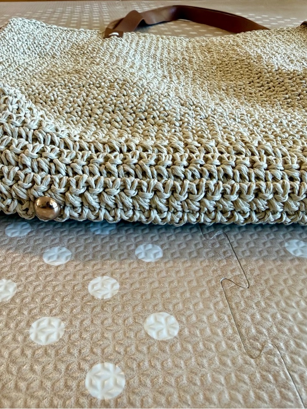 Neutral Woven Tote with Brown Leather Handles - Picture 5 of 6